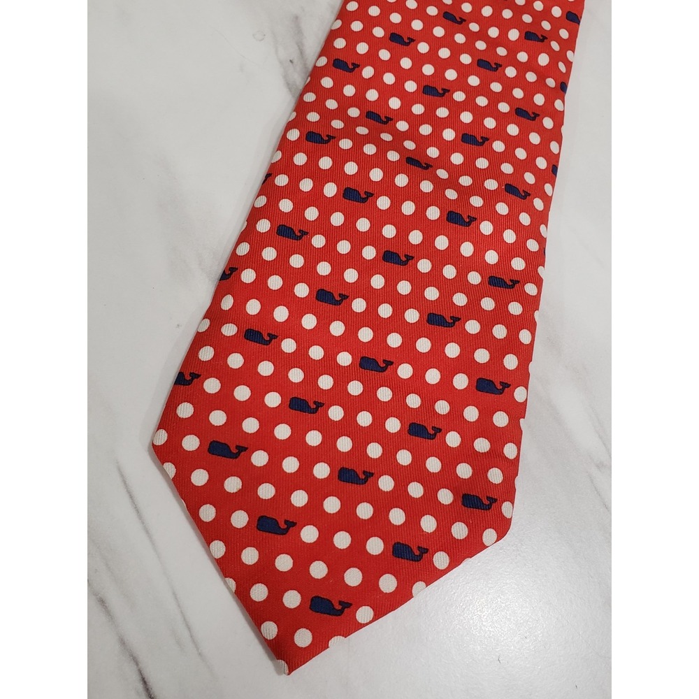 Vineyard Vines Red with White Pokka Dots Blue Whales Silk Tie Nautical